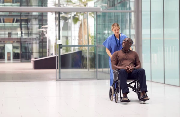 Kvinnlig Sjuksköterska Bär Skrubbar Rullande Patient Rullstol Genom Lobbyn Modern — Stockfoto