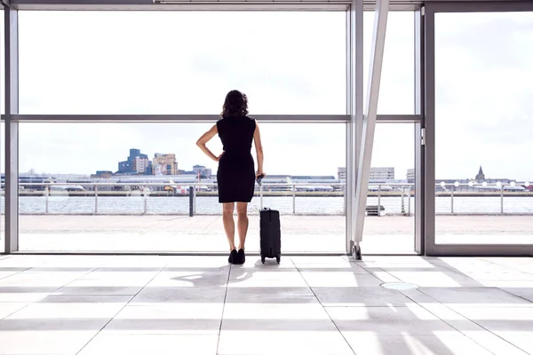 Vista Trasera Mujer Negocios Con Equipaje Pie Junto Ventana Aeropuerto —  Fotos de Stock