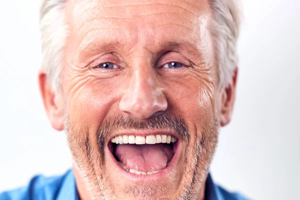 Close Studio Shot Mature Man White Background Laughing Camera — Stock Photo, Image