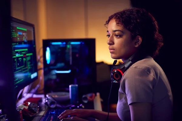 Female Teenage Hacker Sitting Front Computer Screens Bypassing Cyber Security — Stock Photo, Image