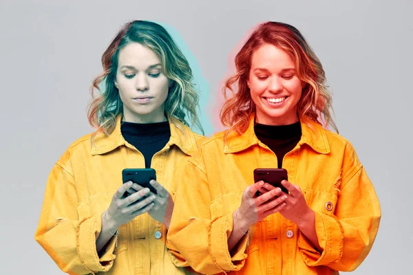 Composite Concept Image Showing Young Woman Mobile Phone Suffering Social — Stock Photo, Image