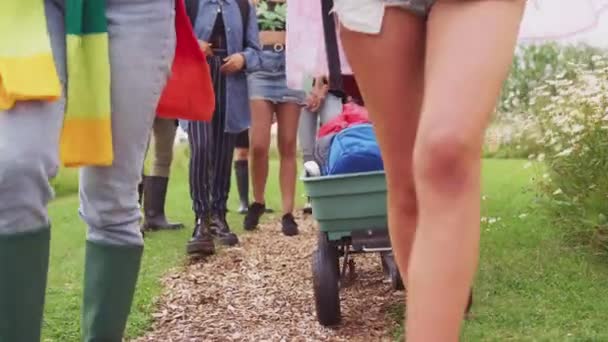 Group Young Friends Carrying Camping Equipment Field Music Festival Site — Stockvideo