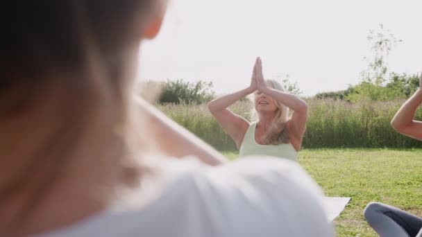 Insegnante Femminile Gruppo Leader Uomini Donne Maturi Classe Ritiro Yoga — Video Stock