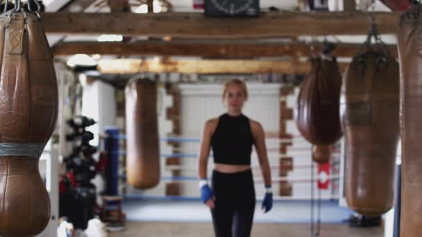 Retrato Boxeadora Femenina Gimnasio Pie Caminando Más Allá Los Bolsos — Vídeo de stock