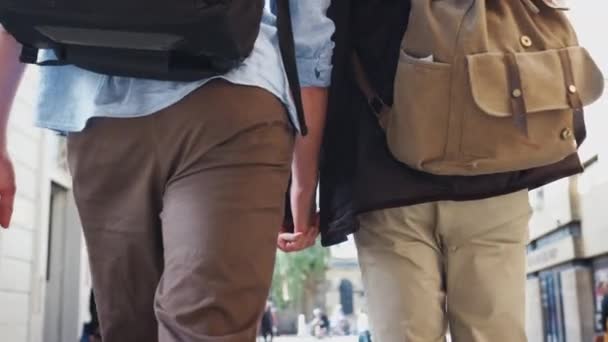 Rear View Male Gay Couple Date Holding Hands Walking City — Stock Video