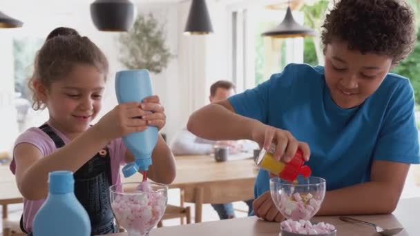 Children Kitchen Adding Sprinkles Sauce Ice Cream Dessert Shot Slow — Stock video