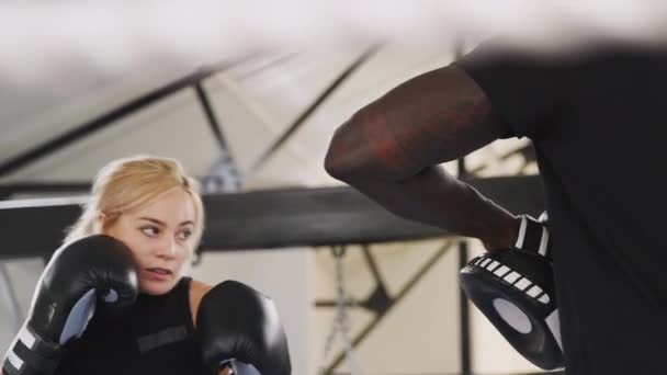 Treinador Boxe Masculino Com Boxeador Feminino Ginásio Usando Luvas Treinamento — Vídeo de Stock