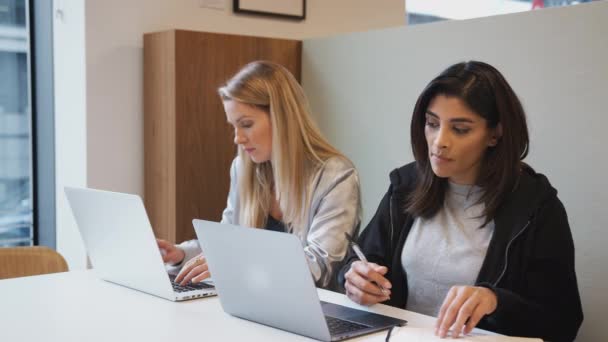Duas Jovens Empresárias Casualmente Vestidas Trabalhando Lado Lado Laptops Escritório — Vídeo de Stock