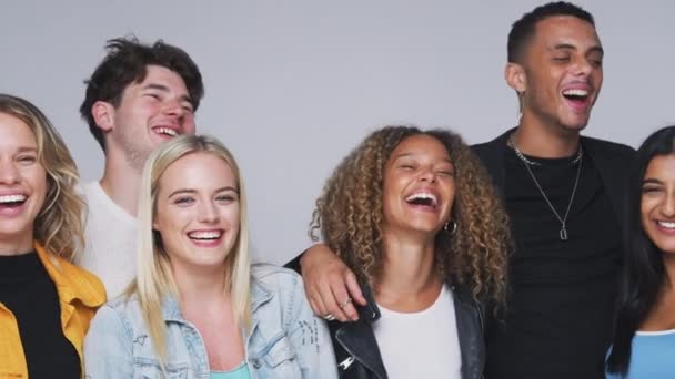 Group Multi Cultural Friends Studio Laughing Smiling Camera Together Front — Stockvideo