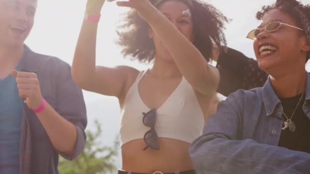 Groupe Jeunes Amis Dansant Derrière Des Barrières Sur Site Festival — Video