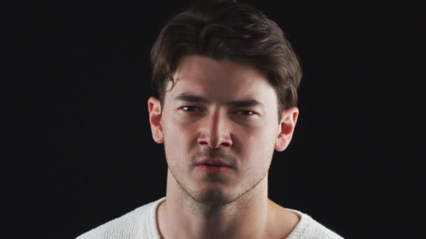 Angry Young Man Shouting Camera Black Studio Background Shot Slow — Stock Video
