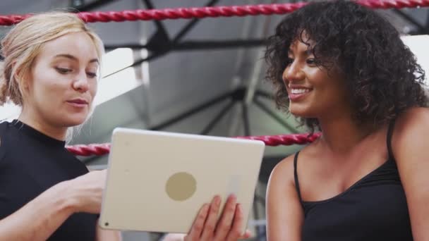 Entrenadora Personal Femenina Con Boxeador Femenino Comprobando Rendimiento Del Ejercicio — Vídeo de stock