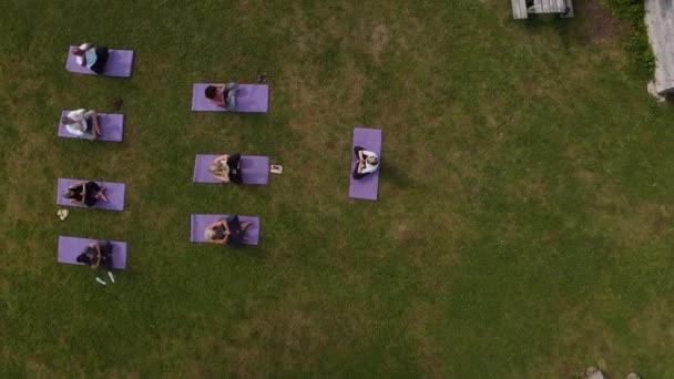 Drone Shot Mature Group Attending Outdoor Yoga Class Countryside Shot — Stock Video