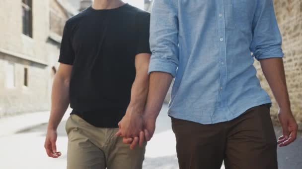 Hombre Gay Pareja Fecha Cogida Mano Caminando Largo Ciudad Calle — Vídeos de Stock