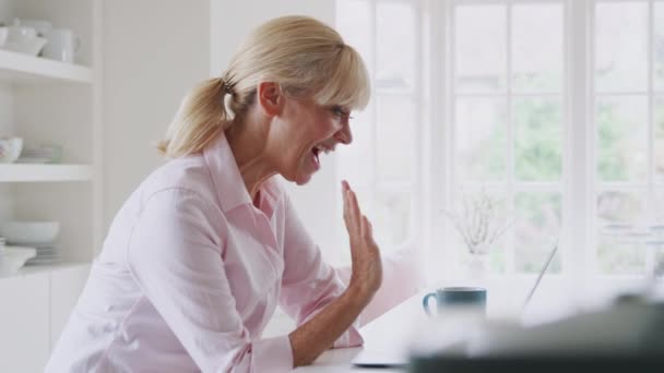 Volwassen Vrouw Thuis Met Video Gesprek Met Behulp Van Laptop — Stockvideo