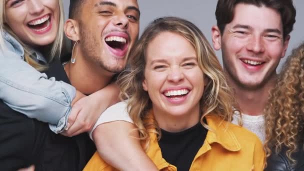 Group Multi Cultural Friends Studio Laughing Smiling Camera Together Front — Stockvideo