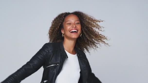 Waist Shot Young Woman Wearing Leather Jacket Dancing White Studio — Stock Video