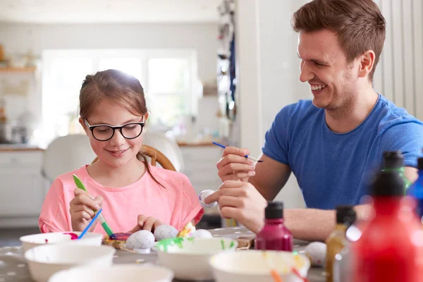 Father Daughter Sitting Table Decorating Eggs Easter Home — Stock Photo, Image