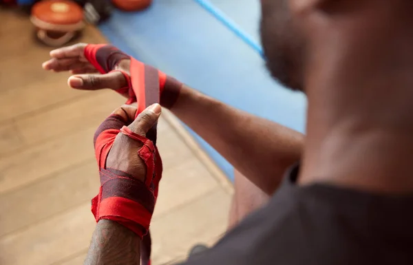 Close Male Boxer Training Gym Putting Wraps Hands — Stockfoto