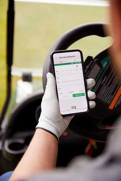 Close Male Golfer Buggy Check Score Mobile Phone App Photo De Stock