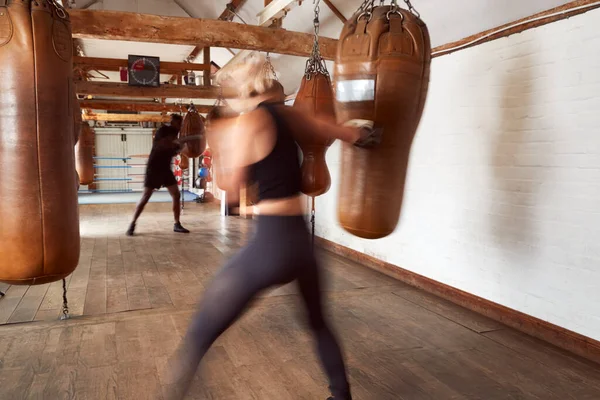 Action Shot Male Female Boxers Gym Training Leather Punch Bags — Stock Photo, Image