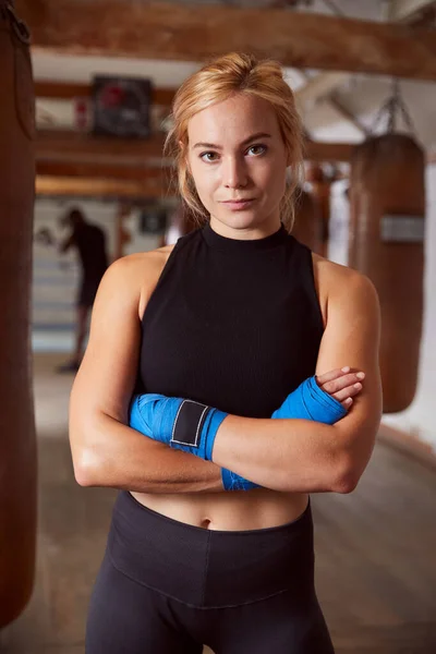 Portrait Female Boxer Protective Wraps Hands Training Gym — Stockfoto