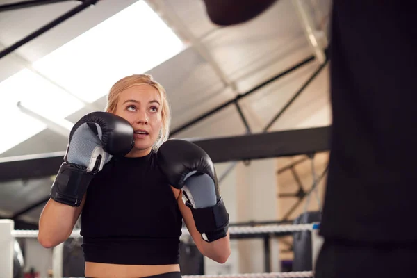 Male Personal Trainer Sparring Female Boxer Gym Using Training Gloves — Stockfoto