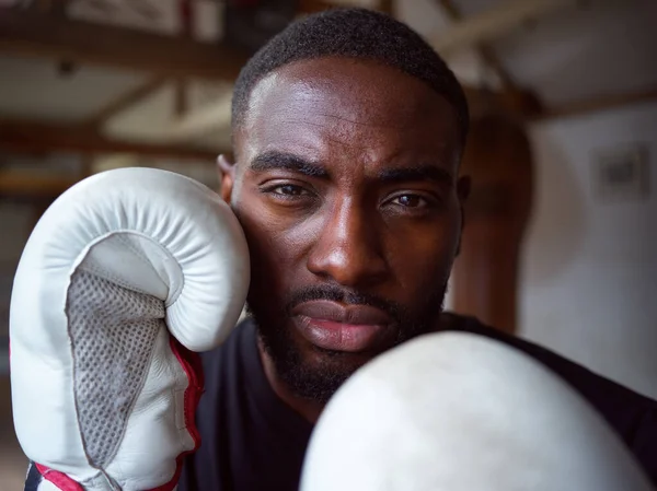 Close Portrait Male Boxer Wearing Gloves Standing Gym — Photo