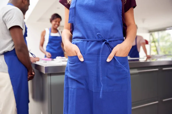 Close Woman Hands Apron Pocket Taking Part Cookery Class Kitchen — Stock Photo, Image