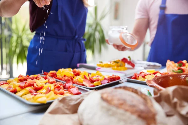 Close Salt Being Sprinkled Tray Peppers Kitchen Cookery Class — Stock fotografie