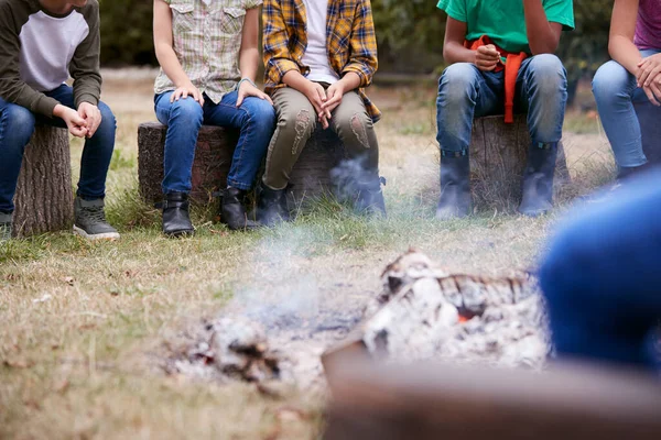 Close Children Outdoor Activity Camping Trip Sit Camp Fire Together — Stock Photo, Image