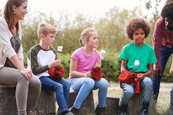 Teamleiders Met Een Groep Kinderen Een Tocht Buiten Toasten Marshmallows — Stockfoto