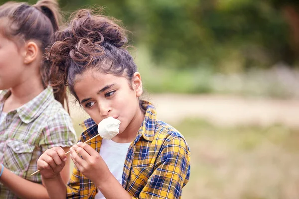 Meninas Atividade Livre Camping Trip Comer Marshmallows Torno Fogo Acampamento — Fotografia de Stock