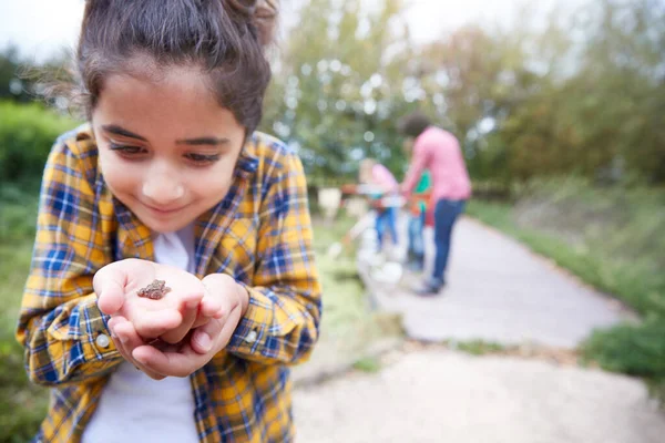 Ragazza Che Tiene Piccola Rana Come Gruppo Bambini Sul Campo — Foto Stock