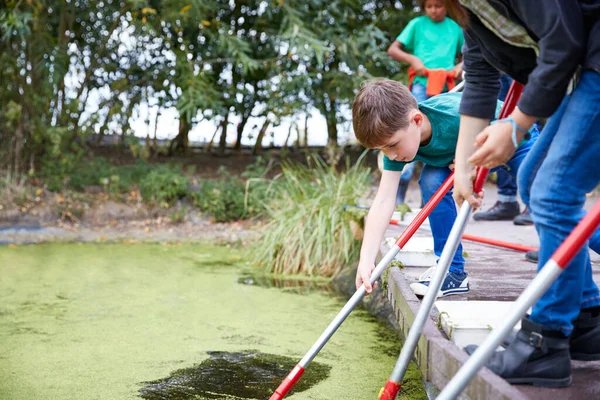 Açık Hava Faaliyet Kampındaki Çocuklar Grubu Göl Yaşamını Yakalıyor Çalışıyor — Stok fotoğraf