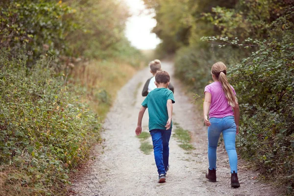 Achteraanzicht Van Kinderen Buiten Activiteit Camping Trip Wandelen Langs Platteland — Stockfoto