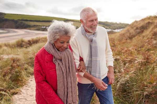 Loving Active Senior Par Promenad Arm Arm Genom Sanddyner Vinter — Stockfoto
