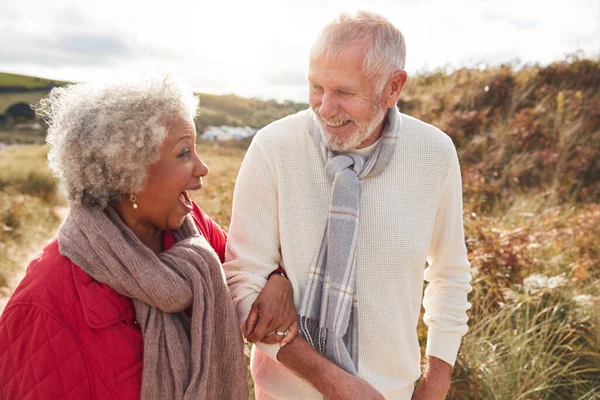 Loving Active Senior Par Promenad Arm Arm Genom Sanddyner Vinter — Stockfoto