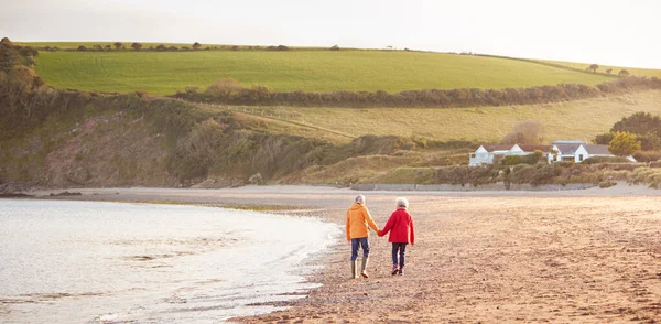 Brett Vinkel Bakifrån Senior Par Håller Händerna Promenader Längs Strandlinjen — Stockfoto