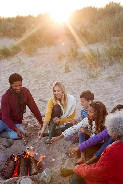 Multi Geração Família Brindar Marshmallows Torno Fogo Férias Inverno Praia — Fotografia de Stock