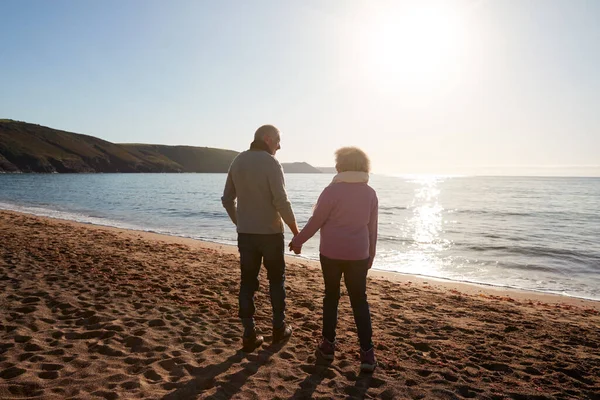 爱的退休夫妻手牵手远眺大海过冬海滩度假的背景图 — 图库照片