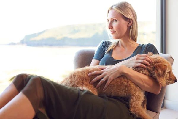 Mulher Relaxando Cadeira Por Janela Casa Com Cão Estimação — Fotografia de Stock