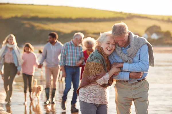 Familia Activa Varias Generaciones Con Perro Caminando Largo Sombra Vacaciones —  Fotos de Stock