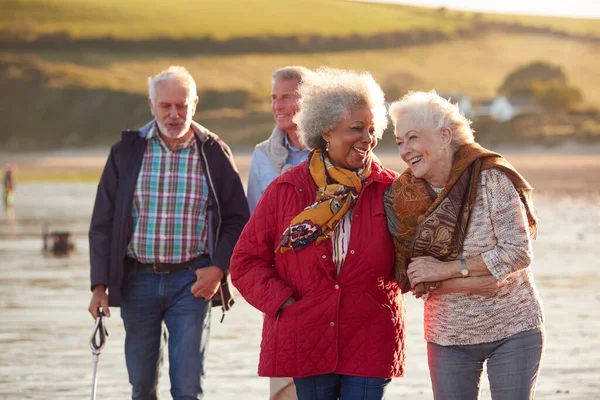 Grupp Leende Senior Vänner Walking Arm Arm Längs Strandlinjen Winter — Stockfoto