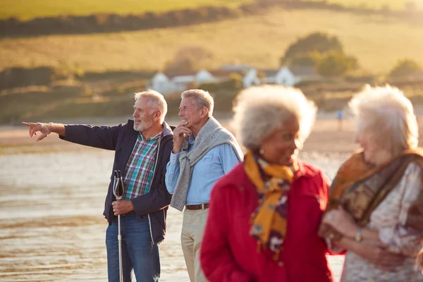 Gruppe Lächelnder Senioren Spaziert Arm Arm Der Küste Des Winterstrands — Stockfoto
