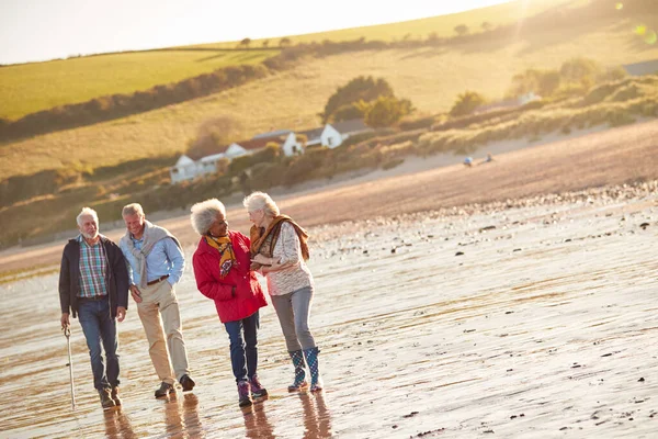 Grupp Leende Senior Vänner Walking Arm Arm Längs Strandlinjen Winter — Stockfoto