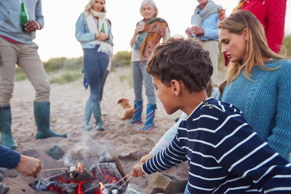 Multi Geração Família Brindar Marshmallows Torno Fogo Férias Inverno Praia — Fotografia de Stock