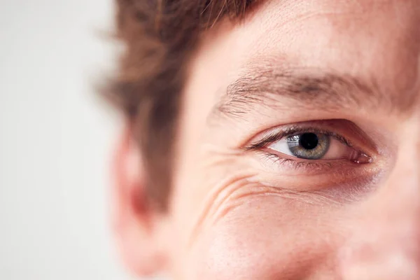 Close Eyes Smiling Man Standing Studio — Stock Photo, Image