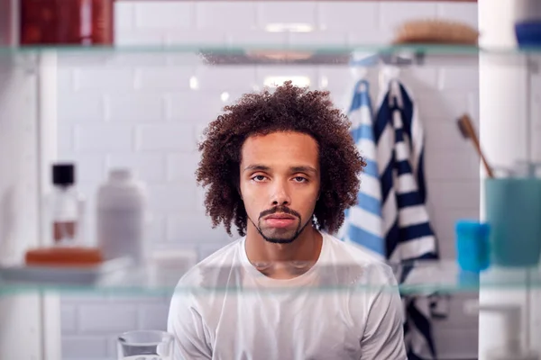 View Bathroom Cabinet Unhappy Young Man Getting Ready Work — Stock Photo, Image