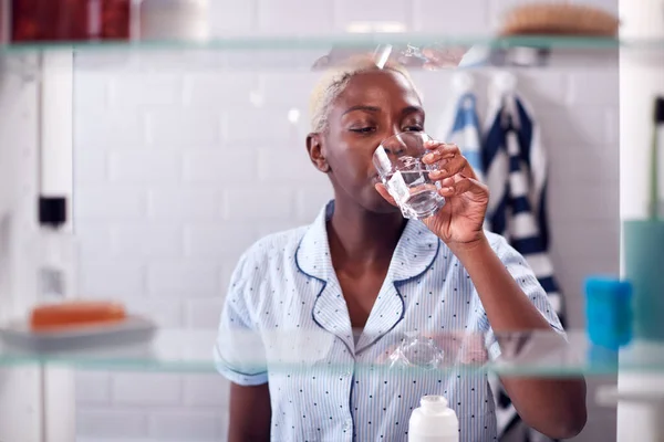 View Bathroom Cabinet Woman Drinking Glass Water — стоковое фото